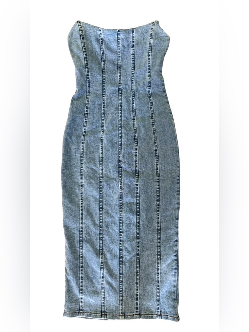 Blanc Clothing Strapless Denim Corset Midi Dress Small Blue Bodycon